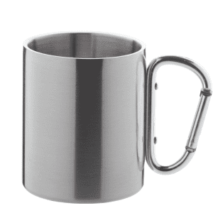 A stainless steel thermo mug with a carabiner handle and a sleek, shiny finish.