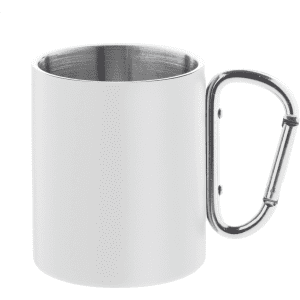 A white thermo mug with a metal handle featuring a carabiner attachment.