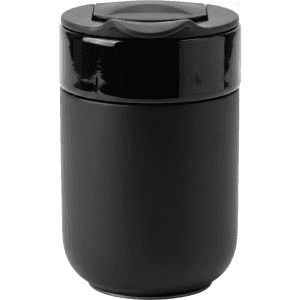 A black ceramic coffee cup with a glossy black lid and a sleek, rounded design. It features a logo on the side.