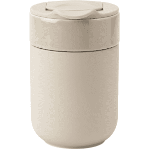 A ceramic coffee cup in a neutral beige colour with a sleek, smooth finish and a lid. It features a logo on the side.
