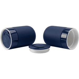 A ceramic coffee cup in navy blue with a white interior and a matching lid, featuring a logo on the side.