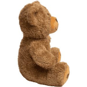 A fluffy brown teddy bear plush toy with a smiling face, sitting upright, featuring light tan accents.
