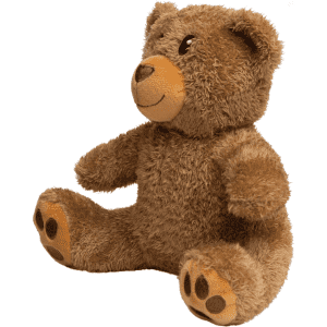 A brown teddy bear plush toy with soft fur, round ears, and a smiling face, featuring paw details on the feet.