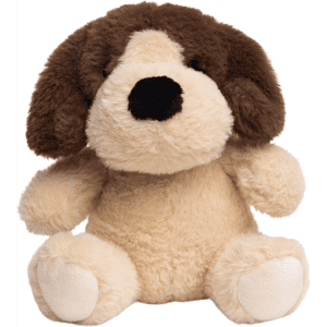 A plush dog toy in brown and beige, featuring floppy ears and a round face, with a soft, cuddly body.