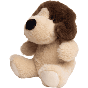 A plush dog toy in beige and brown, featuring a soft body and floppy ears. It has a cute, round face and a black nose.
