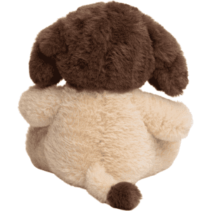 A soft, plush dog toy featuring a brown and beige colour scheme, with floppy ears and a stubby tail.