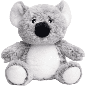 A grey koala plush toy with a white belly and large black nose, featuring cartoonish eyes and soft, fuzzy texture.