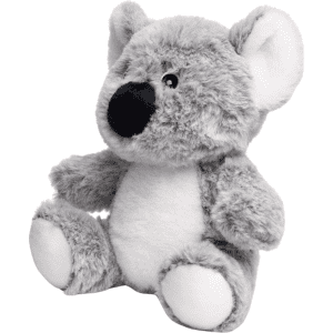 A grey and white koala plush toy with a soft, cuddly texture and a cute, round face. It has a logo on its side.