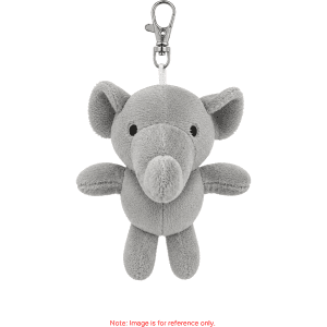 A grey elephant plush keyring with a clip, featuring a cute and soft design, ideal for personalisation.