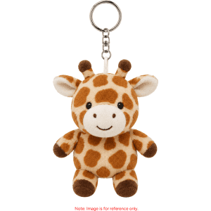 A plush giraffe keyring in brown and cream with a happy expression, featuring a metal keychain attachment.