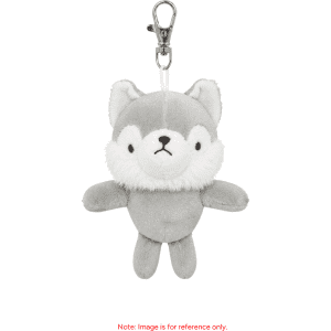 A grey plush keyring in the shape of a cute animal with a clip for attachment.