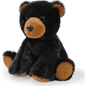 A custom plush toy bear in black and brown, featuring soft fur and a friendly expression. It has a branded logo.