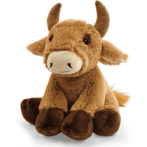 A custom plush toy in the shape of a brown bull, featuring soft fur and cute, child-friendly details.