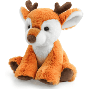 A plush toy of an orange deer with brown accents, featuring soft fur and large, expressive eyes.