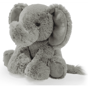 A grey elephant plush toy with fluffy texture and oversized ears, featuring a small, smiley face.