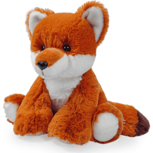 An orange and white plush fox toy, featuring a soft fur texture and a seated pose, with a logo present.