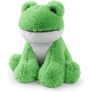 A green plush frog toy with a soft texture and a friendly expression, featuring white accents on its belly.