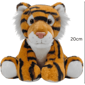 A custom plush toy in the shape of a tiger, featuring orange fur with black stripes and white accents. Measures 20cm.