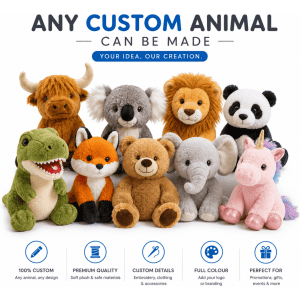 A collection of custom animal plush toys in various colours, featuring a dinosaur, fox, bear, unicorn, and more.