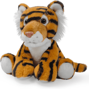 A plush toy tiger in orange with black stripes, featuring fluffy white accents on the face and paws.