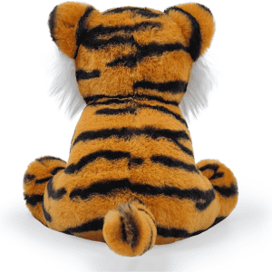 A plush toy in the shape of a tiger, featuring orange fur with black stripes and white accents on the ears.