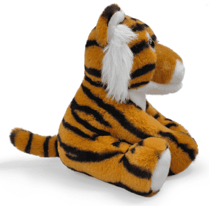 A plush toy shaped like a tiger, featuring orange and black stripes with white accents, sitting upright.