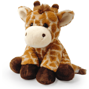 A custom plush giraffe toy featuring brown and orange markings, with dark brown hooves and a friendly expression.