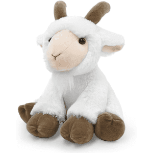 A plush toy of a goat, featuring white fur, brown hooves, and cute facial features. The toy has a logo on it.