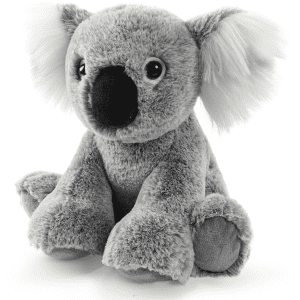 A grey koala plush toy with fluffy ears and a round face, featuring a black nose and soft fabric.