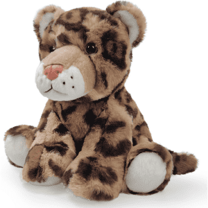 A cute, brown and tan plush toy resembling a leopard, featuring soft fur and friendly facial details.