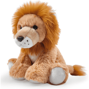 A plush lion toy with a soft, brown body, fluffy mane, and detailed facial features. It has a small tail and white paws.