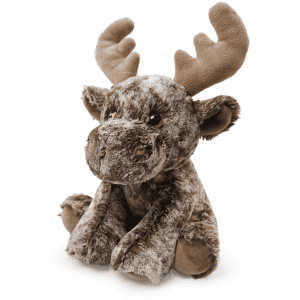 A brown plush toy moose with antlers, sitting upright with a soft, furry texture. It has large, expressive eyes.