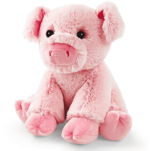 A pink plush toy designed as a pig, featuring soft fabric and rounded ears, with a small logo on one side.