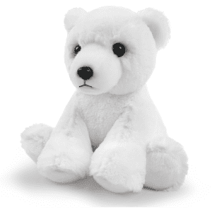 A white plush toy resembling a bear, featuring detailed facial features and soft textures. It has a small branding logo.