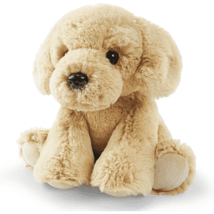 A beige plush toy in the shape of a sitting dog, featuring soft fur and a friendly expression.
