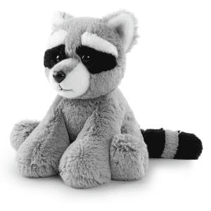 A grey and black plush raccoon toy with a soft texture and large expressive eyes. It has a thick tail with stripes.