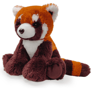 A plush toy of a red panda featuring orange and brown fur with white accents and a striped tail.