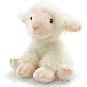 A fluffy white plush toy in the shape of a sheep, featuring a smiling face and soft pink accents.