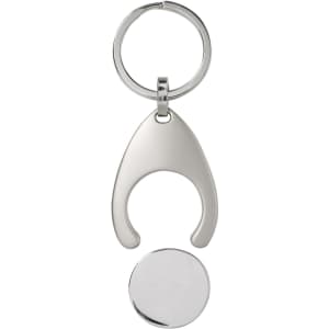 A silver metal keyring featuring a shopping trolley coin holder attached. The design is sleek and modern.