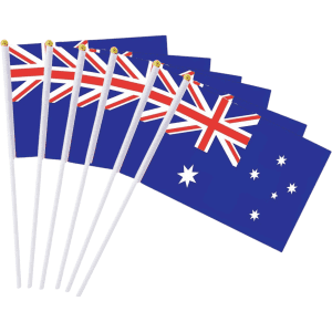 A set of Australian flags with white poles, featuring a blue background and gold accents.