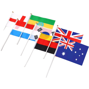 A collection of handheld flags including the Australian, English, German, South Korean, and rainbow flags, displayed on white poles.