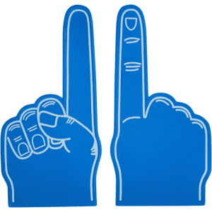 A pair of blue EVA foam hand supporters showing a raised index finger and a hand with a raised pinky.