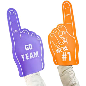 Two foam hand supporters, one purple with "GO TEAM" and one orange with "WE'RE #1," both featuring a raised finger design.