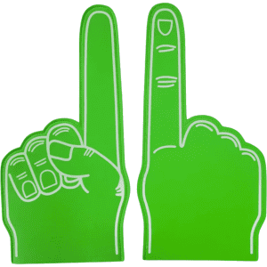 Two large green EVA foam hand supporters, one with a closed fist and the other with a pointing finger, featuring a logo.