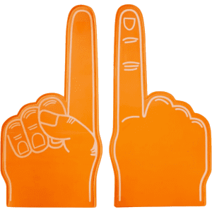 Two orange EVA foam supporters shaped like hands, one with a finger raised and the other with a fist.