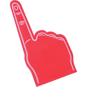 A red EVA foam supporter hand shaped like a finger pointing upwards, with a white outline and a simple design.