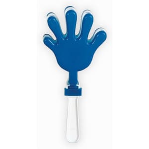A blue hand-shaped clapper with a transparent handle, designed for making noise at events.