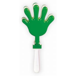 A green hand clapper with a white handle, featuring a hand-shaped design.