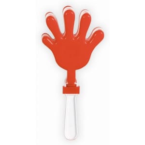 A red hand-shaped clapper with a white handle, featuring a simple design and a logo on the handle.