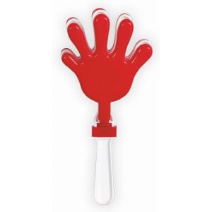 A red hand-shaped clapper with a white handle, designed for making noise and attracting attention.